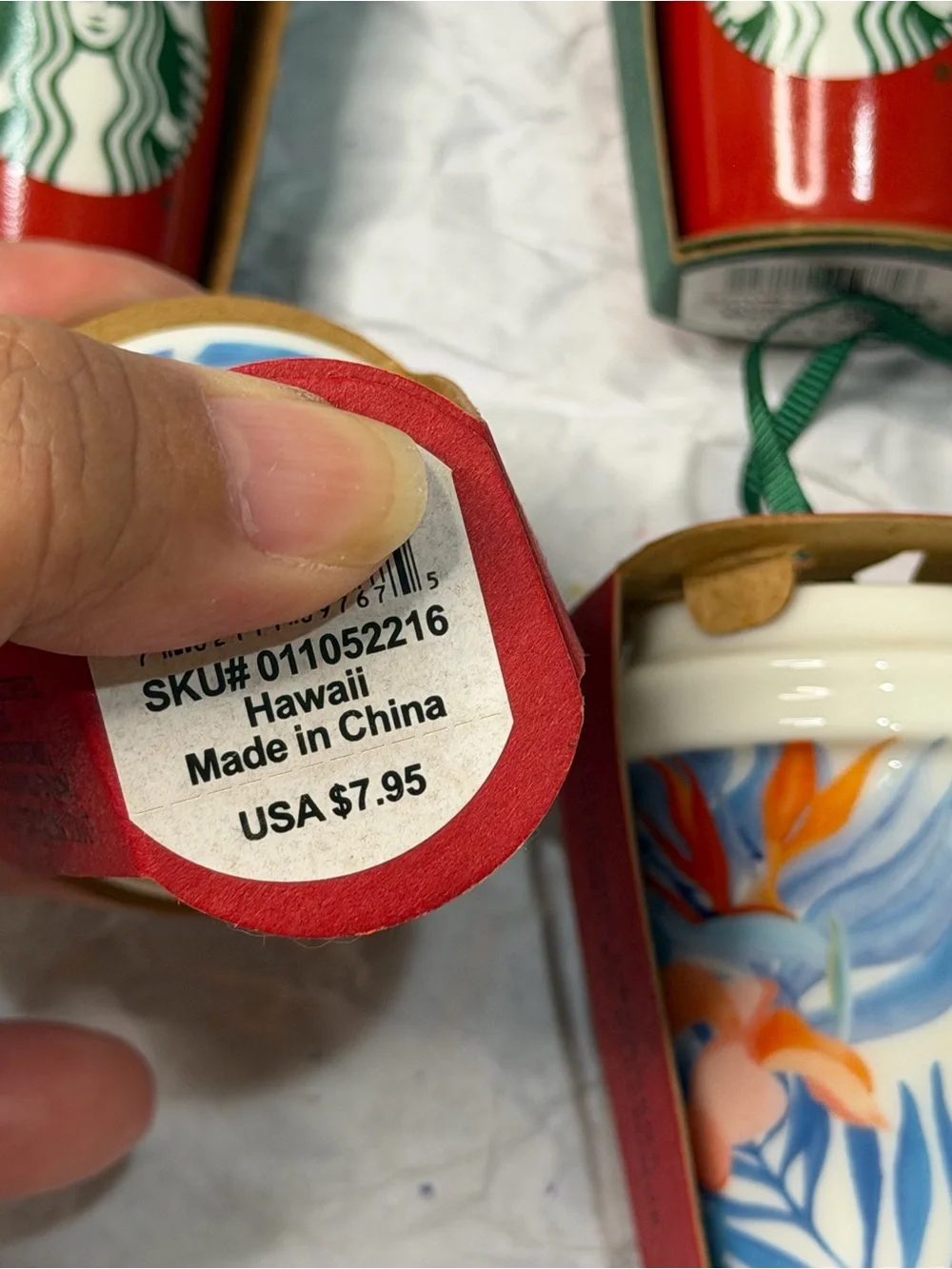 Set of 4 Starbucks Red and Blue Hawaii Ceramic Cup Ornaments 2015 & 2016